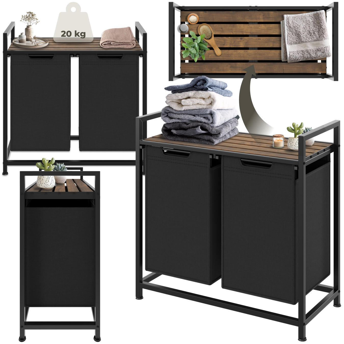 WÄSCHESORTIERER, höhenverstellbare Kunststofffüße,schwarz/braun - Schwarz/Braun, Metall (74/72/34cm) - tectake