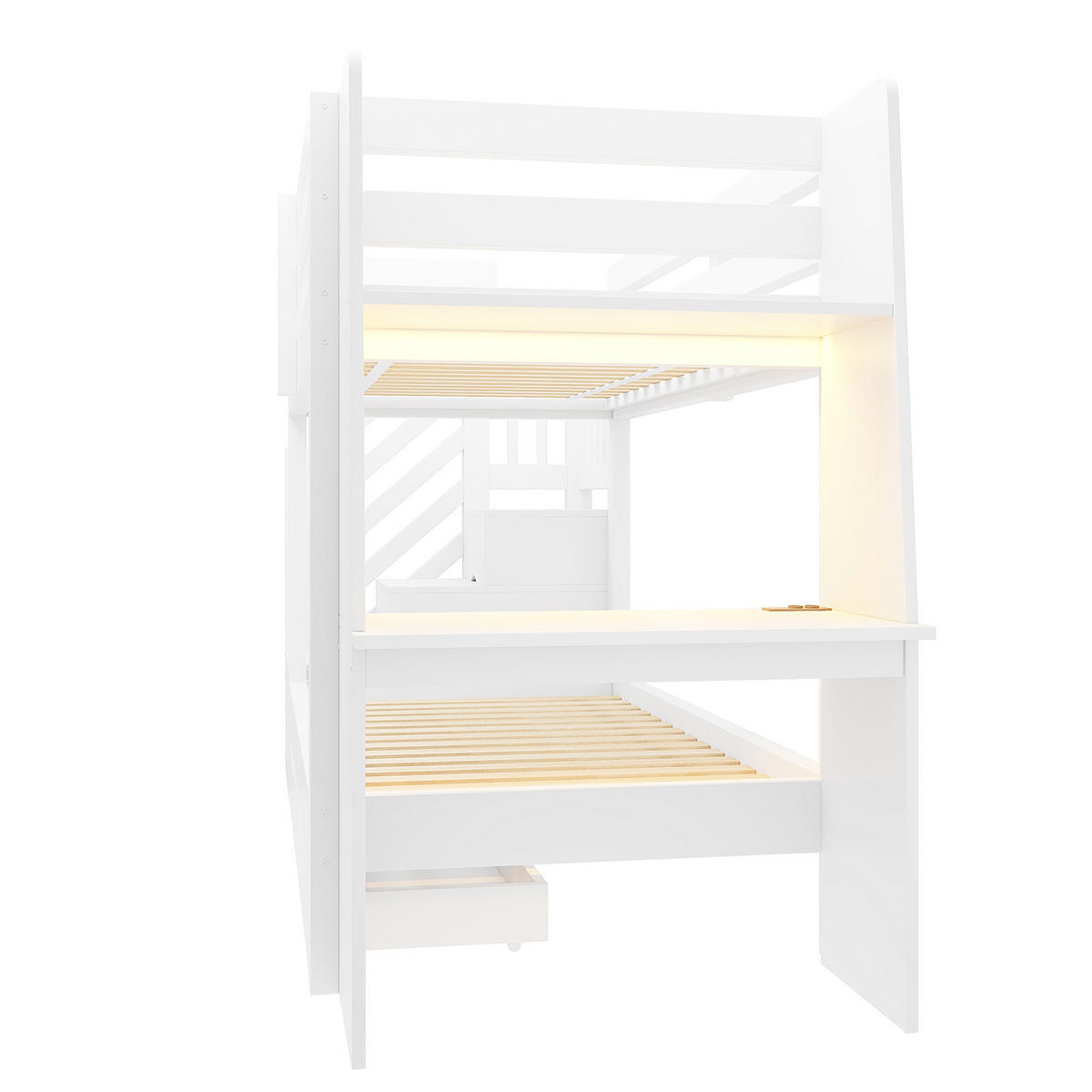 ETAGENBETT 90/200 cm mit Schreibtisch und LED, DE-41592, in Weiß - Weiß, Holzwerkstoff (90/200cm) - ComfortXL