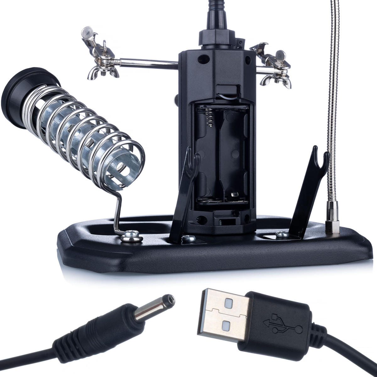 HALTER TE-802 - Dritte Hand mit Lupe, Lötkolbenhalter, Lötzinnbehälter, LED dimmbar, Ø85 mm, 2,5x/4x, USB/4x AA - Multicolor, Kunststoff/Metall (18/20/19cm)