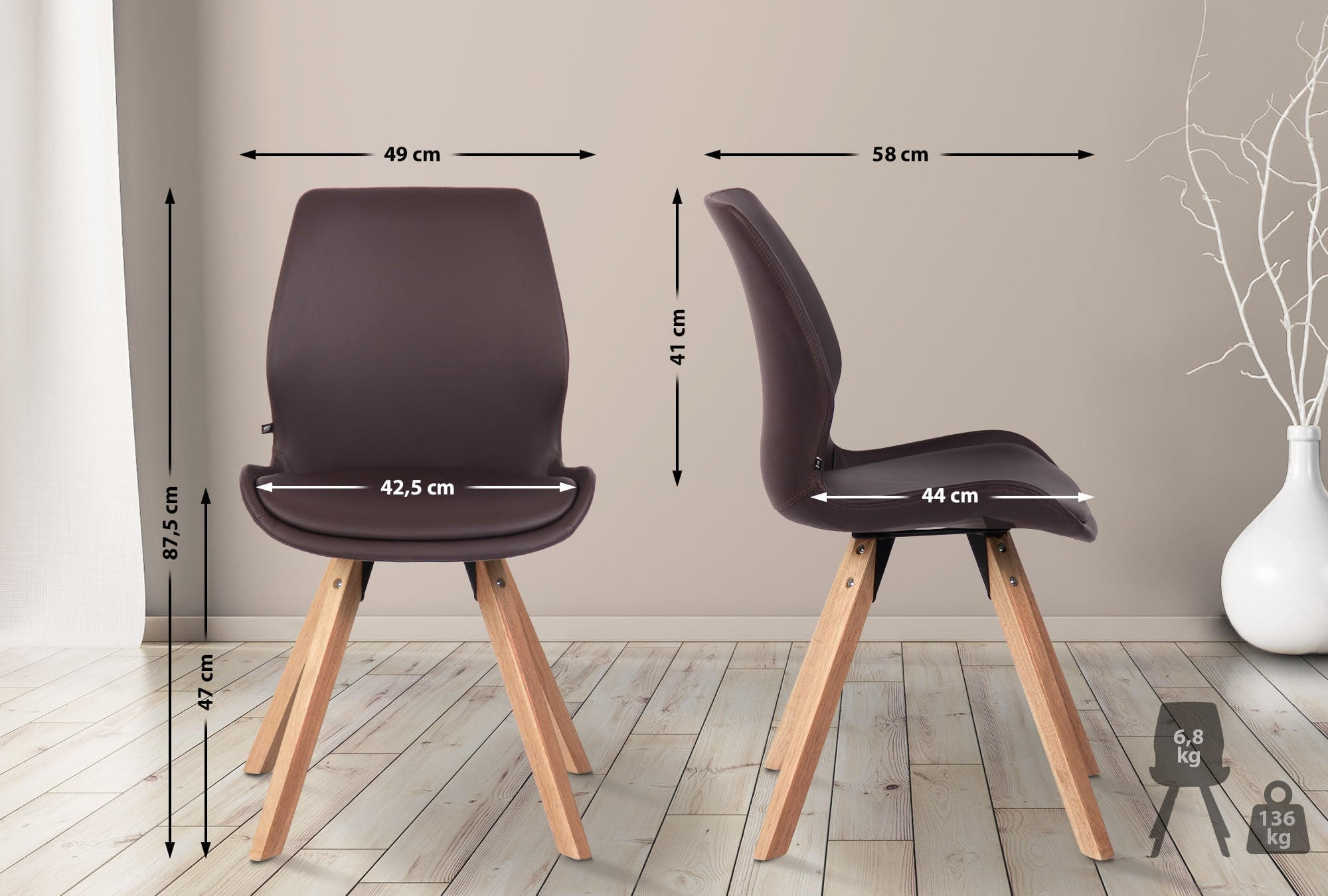 STUHL 2er Set Lederlook braun - Eukalyptusholzfarben/Braun, Holz/Textil (49/87.5/58cm) - CLP