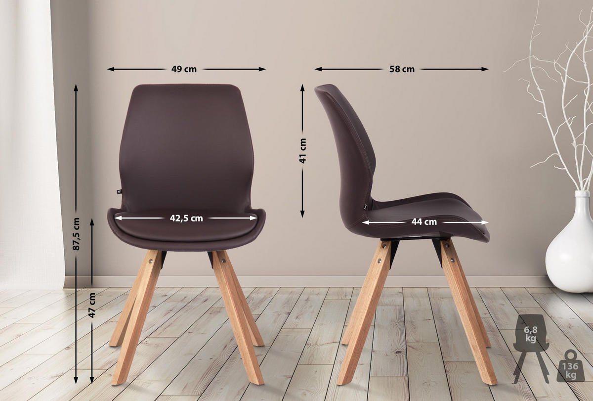 STUHL 2er Set Lederlook braun - Eukalyptusholzfarben/Braun, Holz/Textil (49/87.5/58cm) - CLP