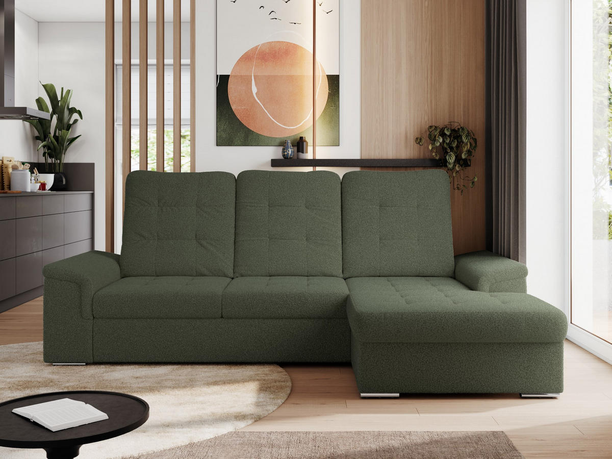 ECKSOFA MADRITO L - Grün Boucle - Rechts - Silberfarben/Grün, Textil/Metall (256/160cm)
