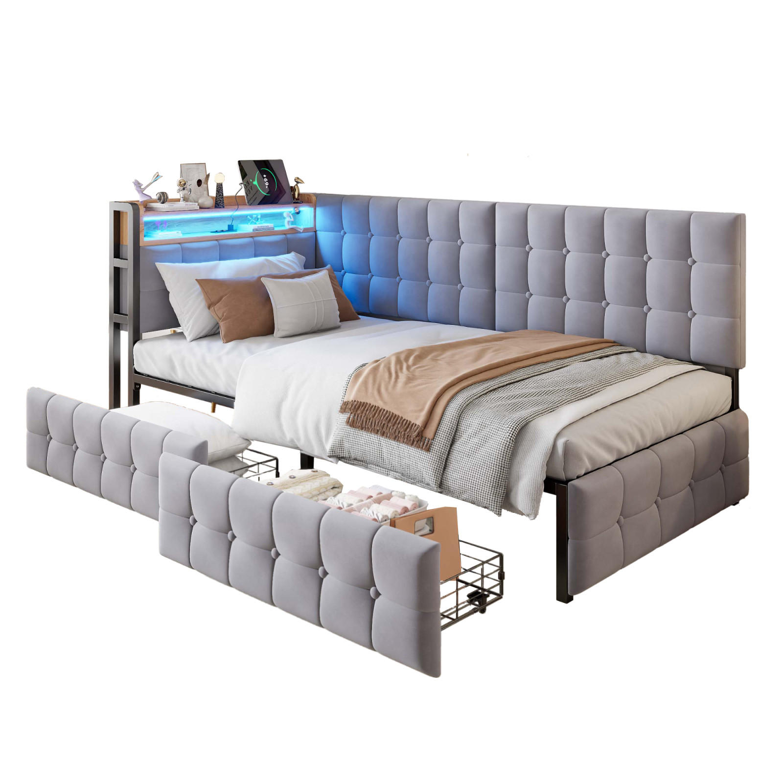 POLSTERBETT 90x200 cm mit LED, USB-C, Schubladen, Grau - Hellgrau, Holz (90/200cm)