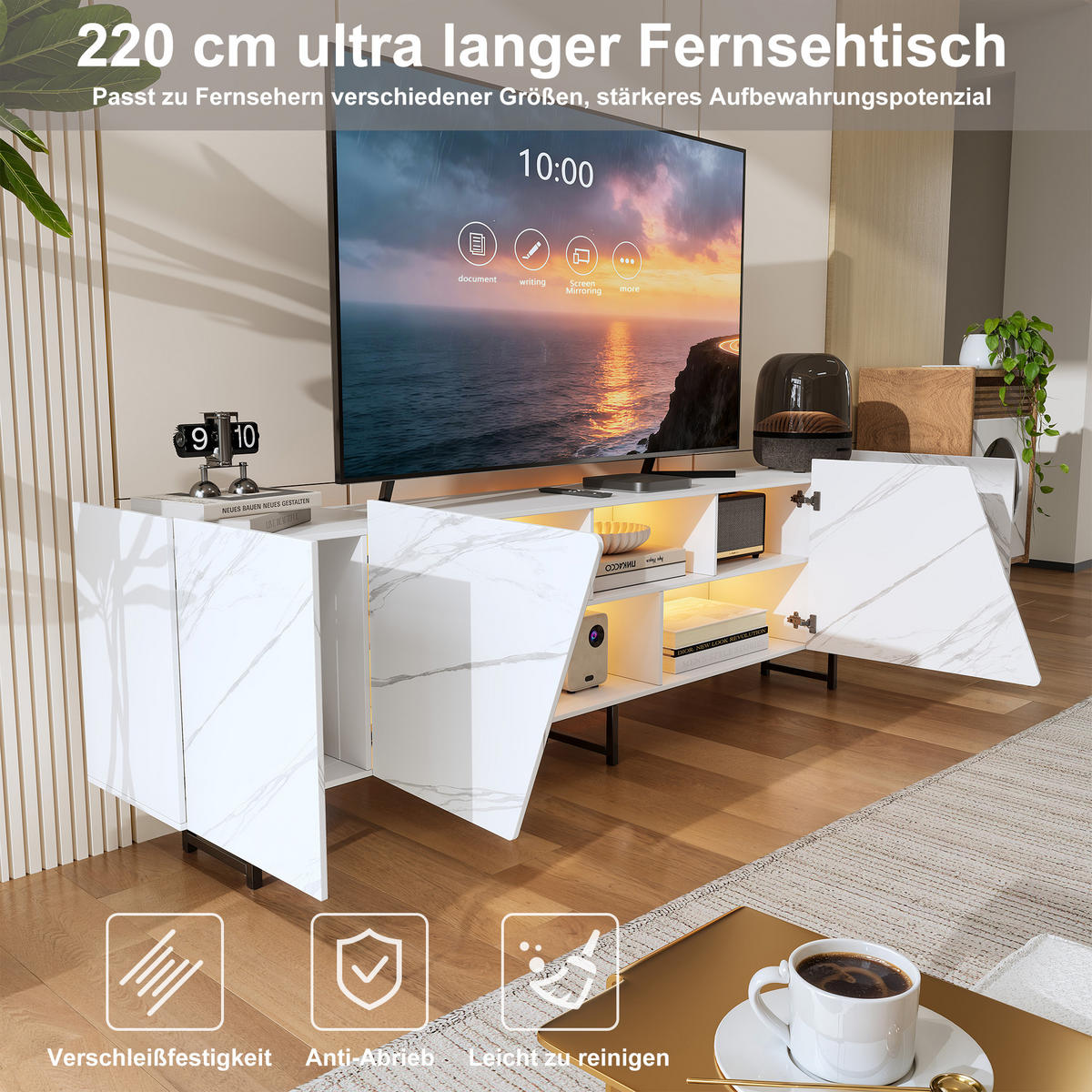 TV LOWBOARD 220 cm Marmoroptik LED Stauraum weiß - Weiß, Holz (220/67.7/34.5cm) - LEBENLANG
