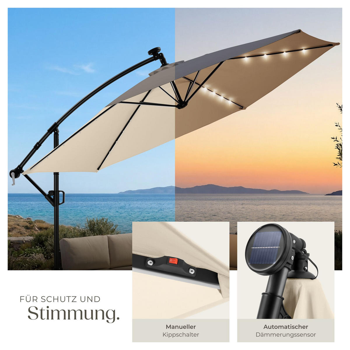 AMPELSCHIRM Artemis, mit LED Solar-Beleuchtung, inkl. Schutzhülle, beige - Beige, Metall (350/337cm) - tectake