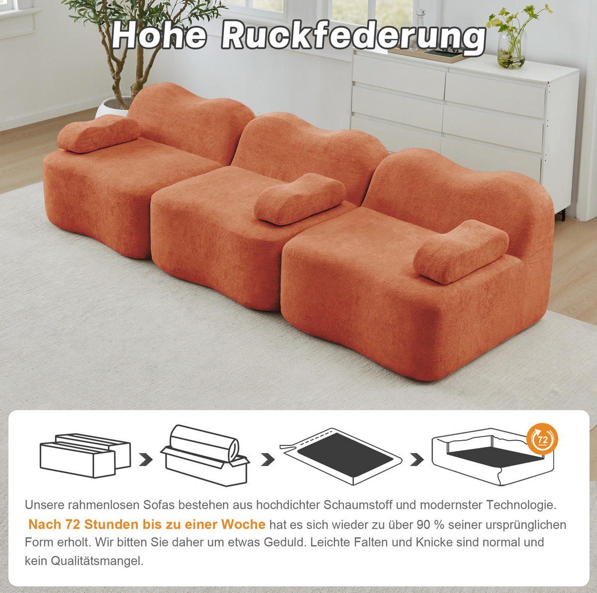 MODULARES 3-Sitzer-Sofa aus Samt mit tiefer Sitzfläche Orange - Orange, Textil (98/70/288cm) - Modenvie