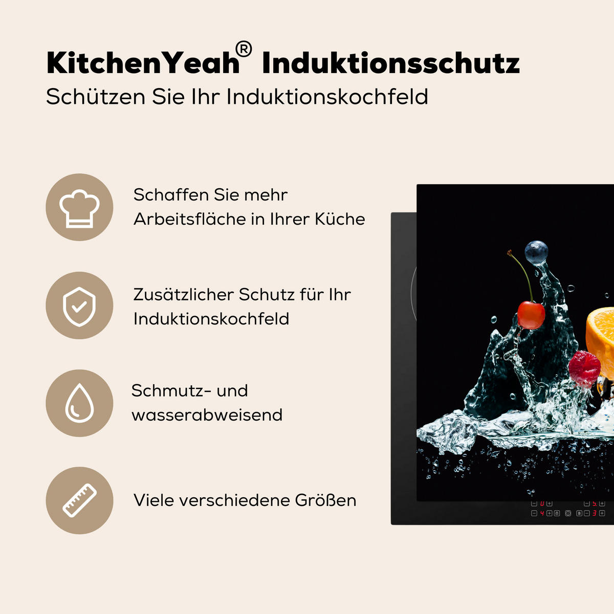 HERDABDECKPLATTE Wasser - Obst - Orange - Erdbeere - Kirsche - Schwarz 57x51 cm - Orange, Kunststoff (57.6/0.2/51.6cm) - MuchoWow