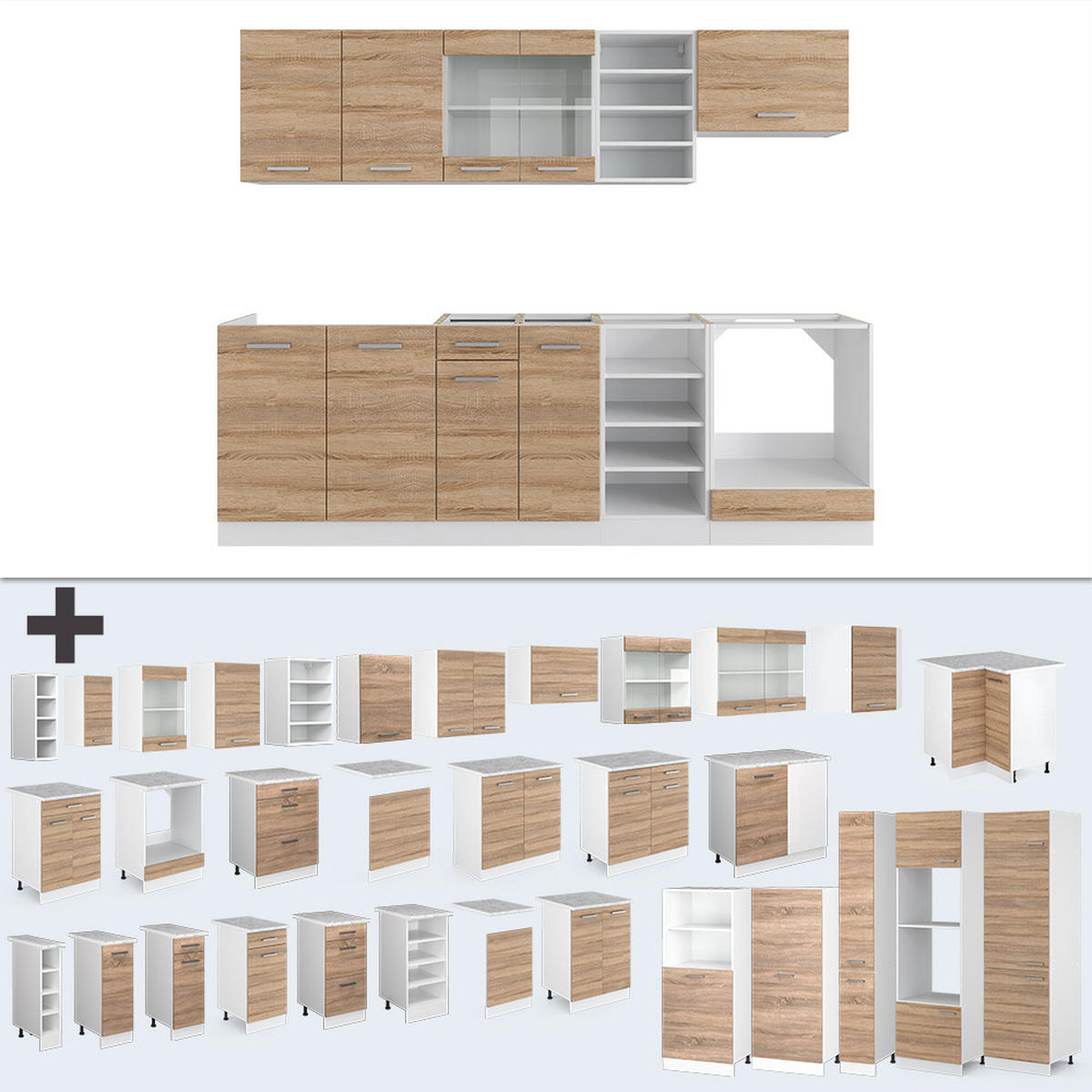 KÜCHENZEILE R-Line Sonoma/Weiß 240 cm, AP Eiche - Weiß/Sonoma Eiche, Holzwerkstoff (240/81.6/60cm) - Vicco