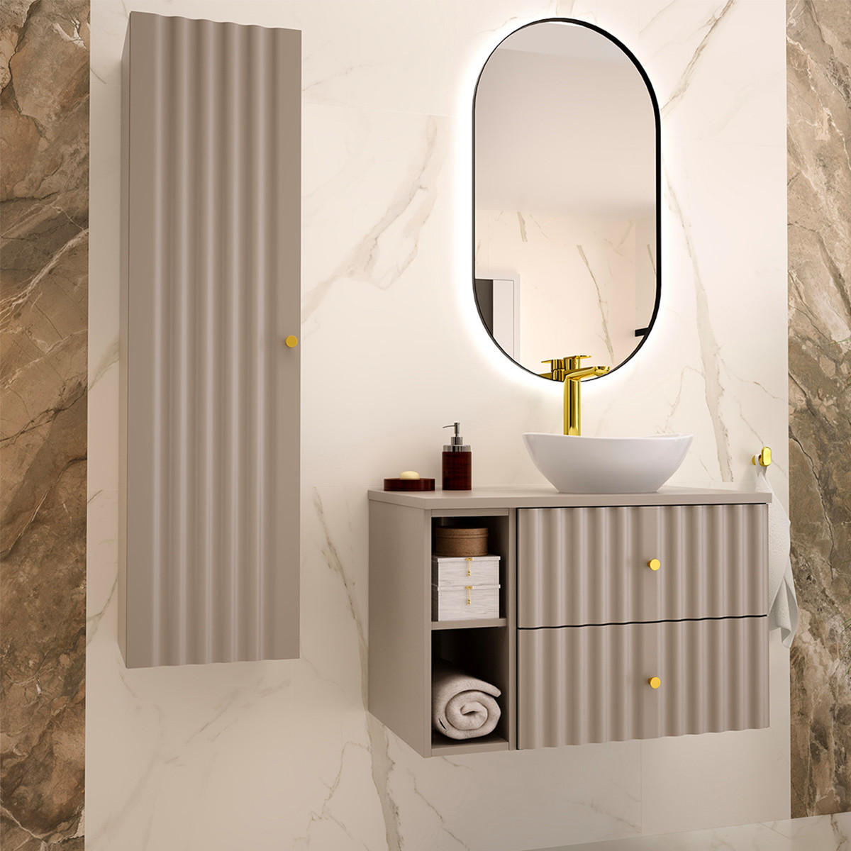 BADMÖBEL Izae 2er-Set Kaschmir - Beige, Holzwerkstoff (80.6/52.2/46.5cm) - Petits-meubles