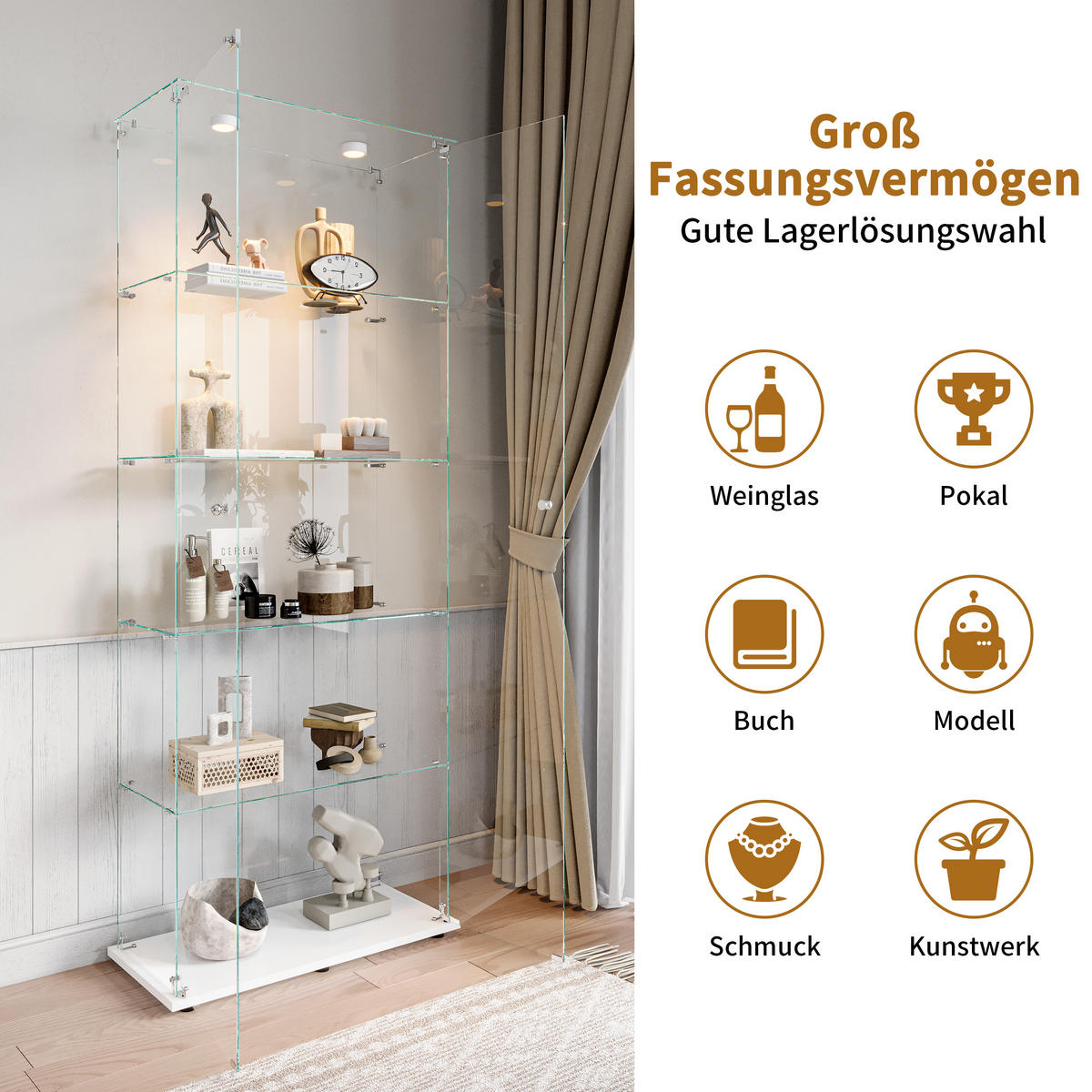 GLASVITRINE 187x77x35 cm 2 Türen LED Touch freistehend weiß - Weiß, Holz (78.5/186.5/34.5cm) - LEBENLANG