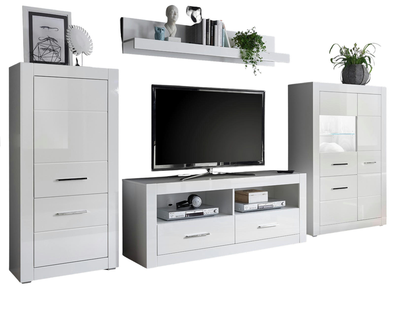 WOHNWAND weiß Hochglanz 4-teilig 335 cm, Wohnkombination mit viel Stauraum - Chromfarben/Weiß Hochglanz, Glas/Holzwerkstoff (335/170/45cm) - Furn.Design