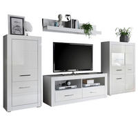 WOHNWAND weiß Hochglanz 4-teilig 335 cm, Wohnkombination mit viel Stauraum - Chromfarben/Weiß Hochglanz, Glas/Holzwerkstoff (335/170/45cm) - Furn.Design