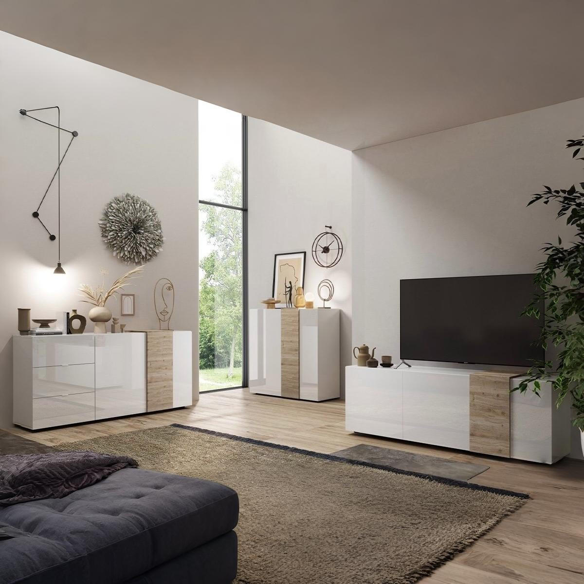 TV-MÖBEL 3 Schwingtüren Pluton - L181 cm - Weiß, Holzwerkstoff (44/57/181cm) - Calicosy