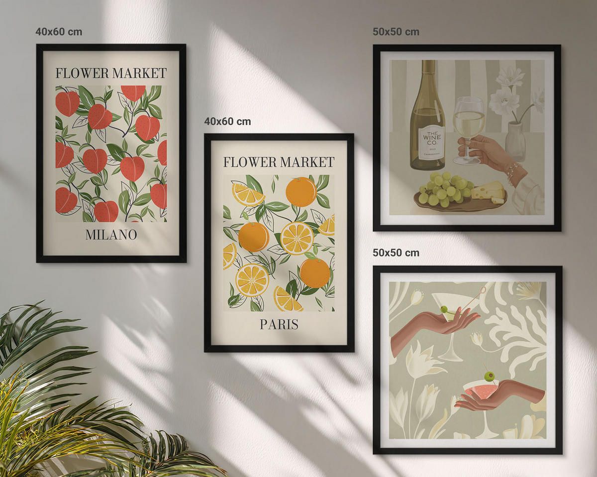 WANDBILDER 4er-Set - 50x50 cm & 40x60 cm Schwarzer Rahmen - Blumenwein Mailand Paris - Schwarz, Kunststoff (50/50cm) - ArtPrintCave