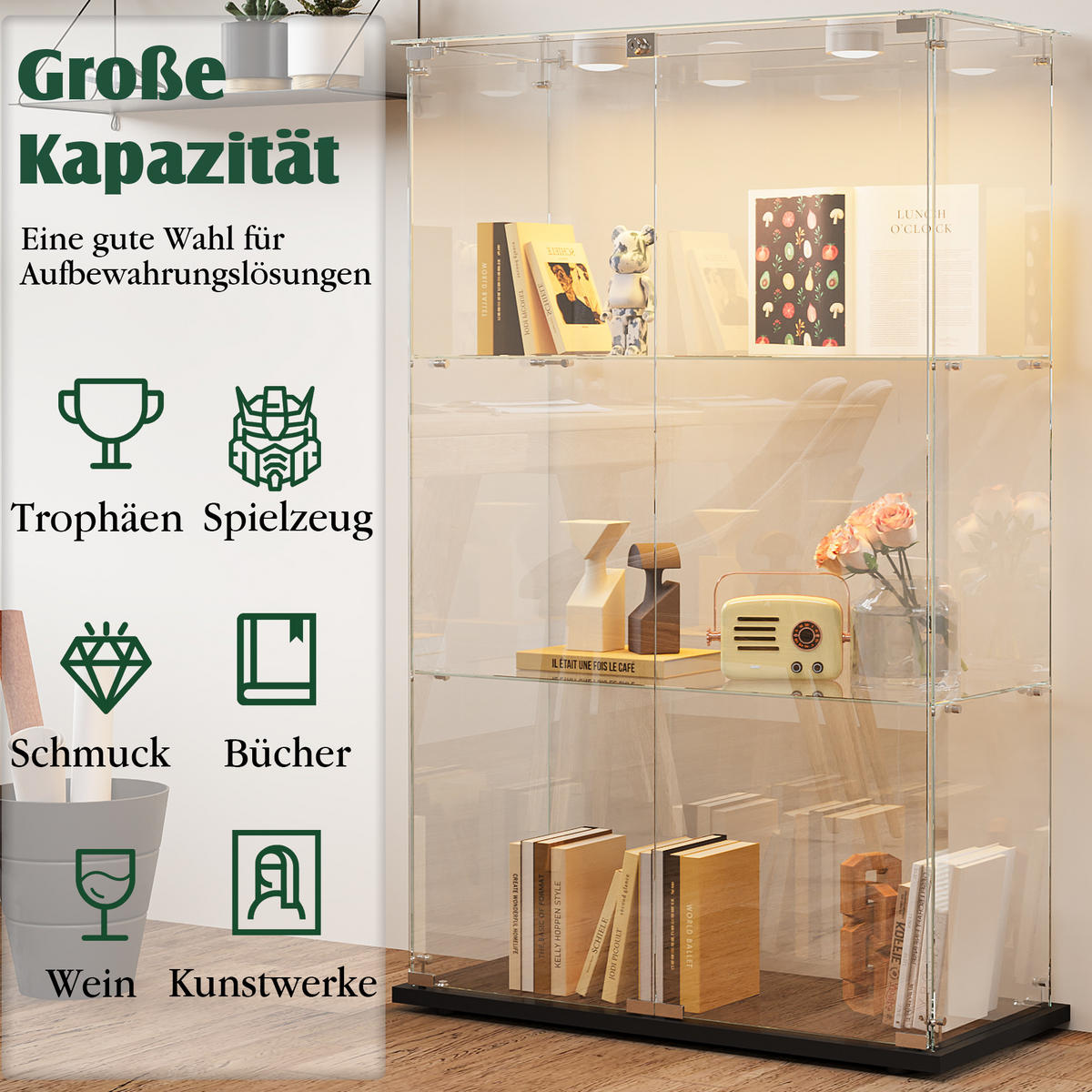 GLASVITRINE, stehend mit 3 Einlegeböden, Touch-LED, Doppeltür mit Schloss, Schwarz - Schwarz, Glas (78.5/123.3/35cm) - BRILVERDE