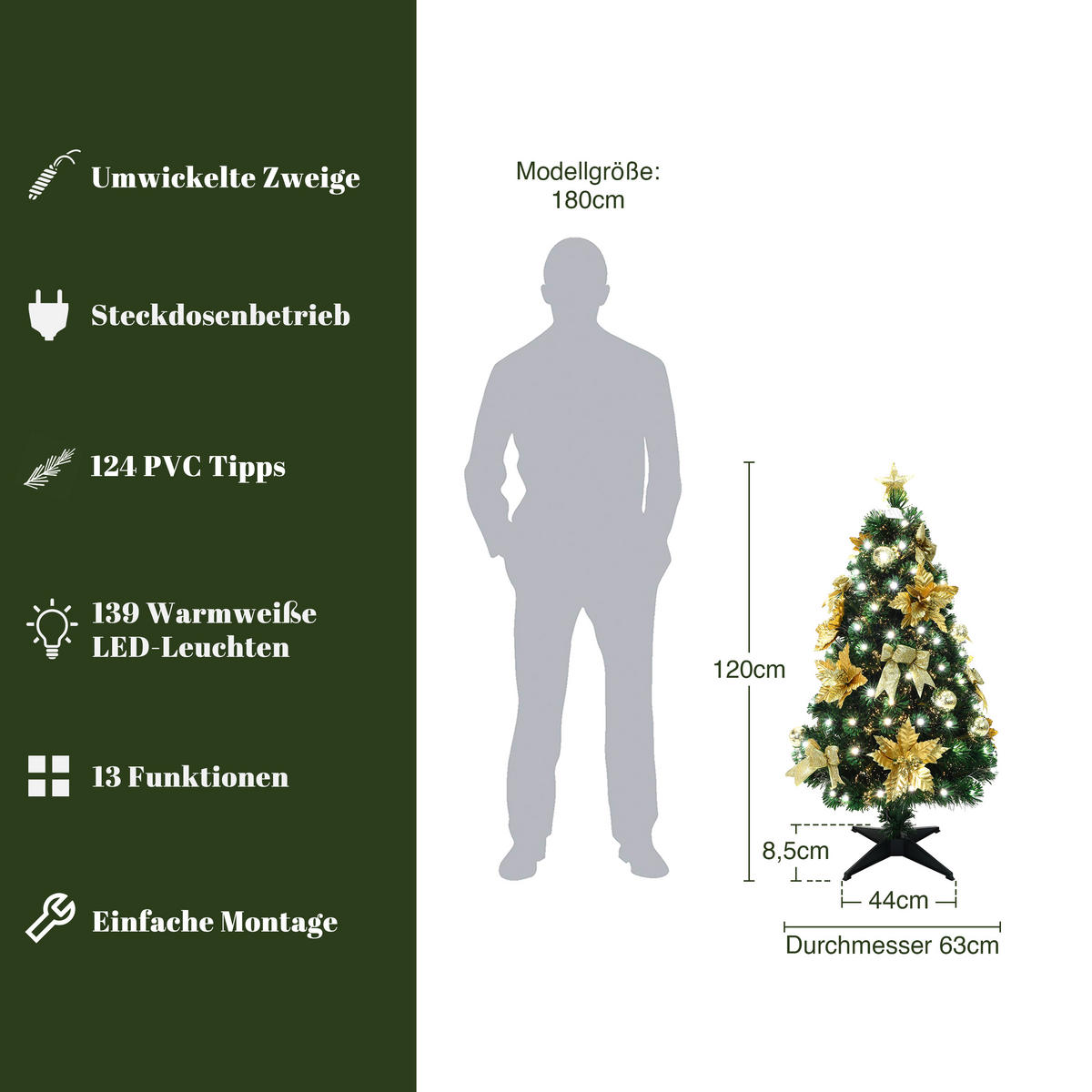 GLASFASER Weihnachtsbaum 120 cm mit 139 LEDs & Golddeko - Grün, Kunststoff (120cm) - Hometopia