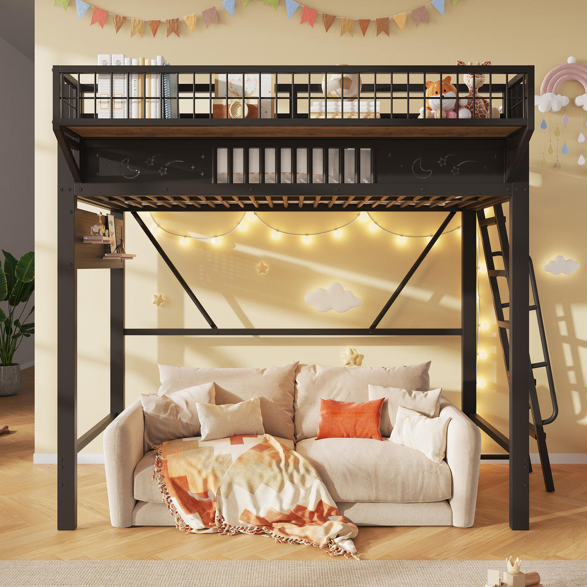 HOCHBETT 90/200 cm mit Metallgestell Schwarz, Staufächern und offener Unterseite - Schwarz, Metall