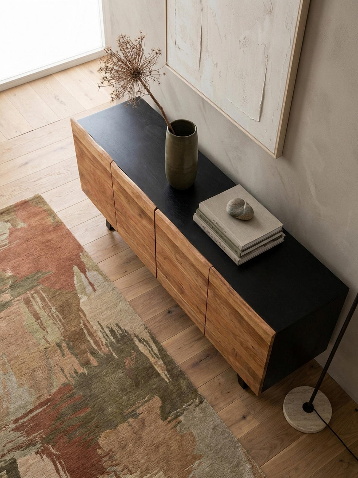SIDEBOARD – Akazie Massivholz, 180x75x45 cm, mit Baumkante, Türen, Metallbeine - Schwarz, Holz/Metall (180/75/45cm) - KADIMA DESIGN