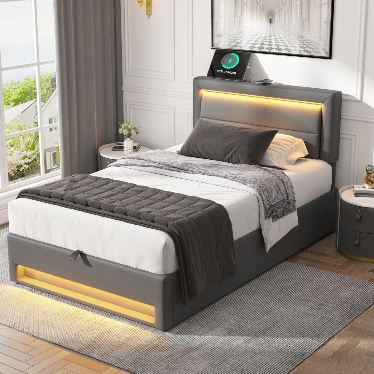 POLSTERBETT mit LED-Beleuchtung 90/190 cm mit Bettkasten & USB, PU Grau - Grau, Kunststoff (90/190cm) - BEAOK