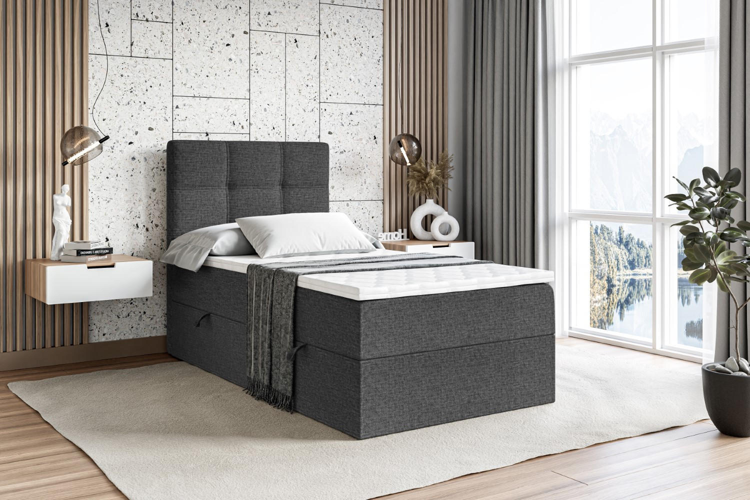 BOXBETT mit Matratze H3 und Lattenrost - MARCE - 90x200 - Links Dunkelgrau - Dunkelgrau, Holzwerkstoff (90/200cm) - ALTDECOR