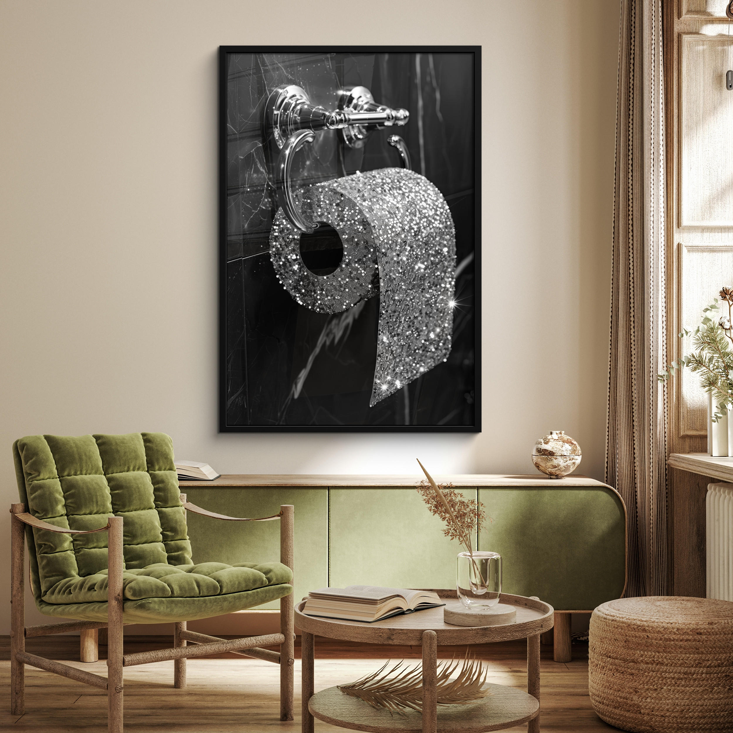 GERAHMTES BILD WC - Toilettenpapier - Schwarz und weiß - Glitter 80x120 cm - Silberfarben, Papier (80/120cm) - MuchoWow