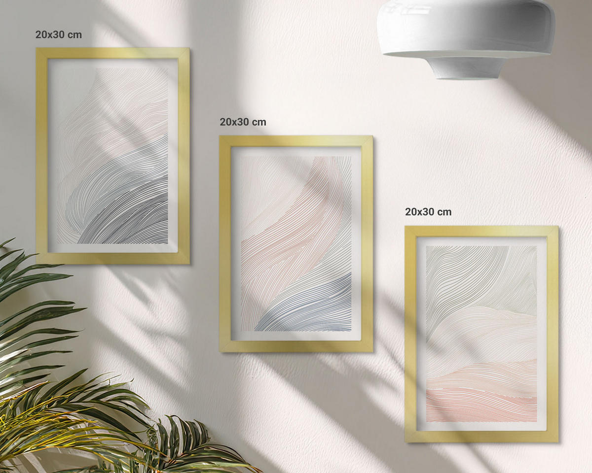 WANDBILDER 3er Set - 20x30 cm Goldrahmen - Abstrakte Wellen, Karton, Pastell - Goldfarben, Kunststoff (20/30cm) - ArtPrintCave