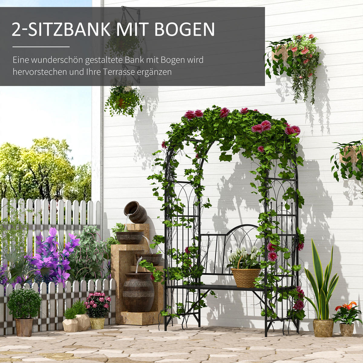 ROSENBOGEN mit Bank, 115 x 59 x 203 cm, Metall, Schwarz - Schwarz, Metall (115/203/59cm) - Outsunny
