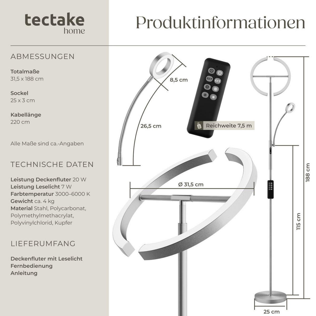 DECKENFLUTER Auralis,31,5 x 188 cm ,Nickel matt - Nickelfarben, Metall (31.5/31.5/188cm) - tectake