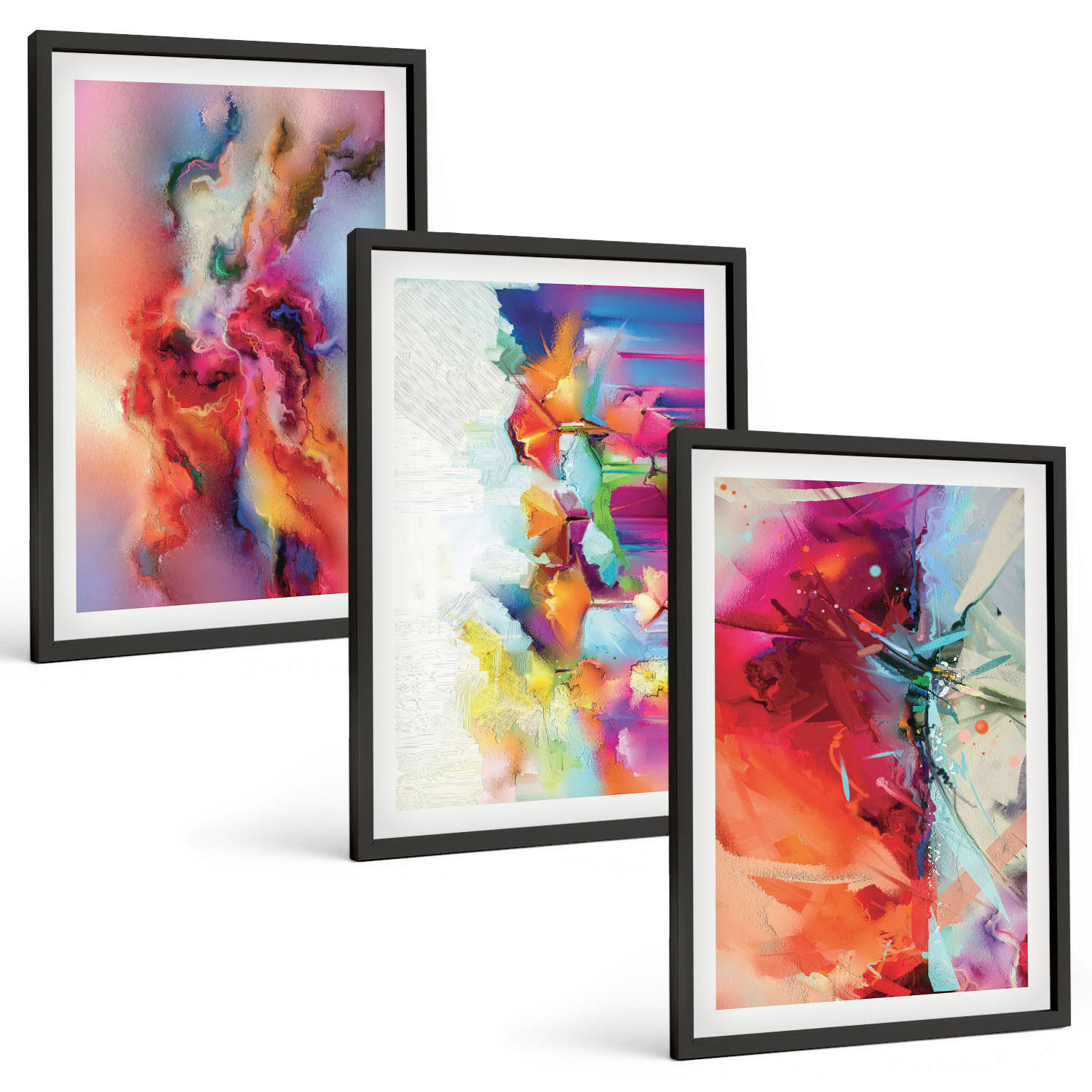 BILDER SET 3er Set - 40x60 cm Schwarzer Rahmen - Farbenfrohe Abstraktionen der Form - Schwarz, Kunststoff (40/60cm) - TULUP