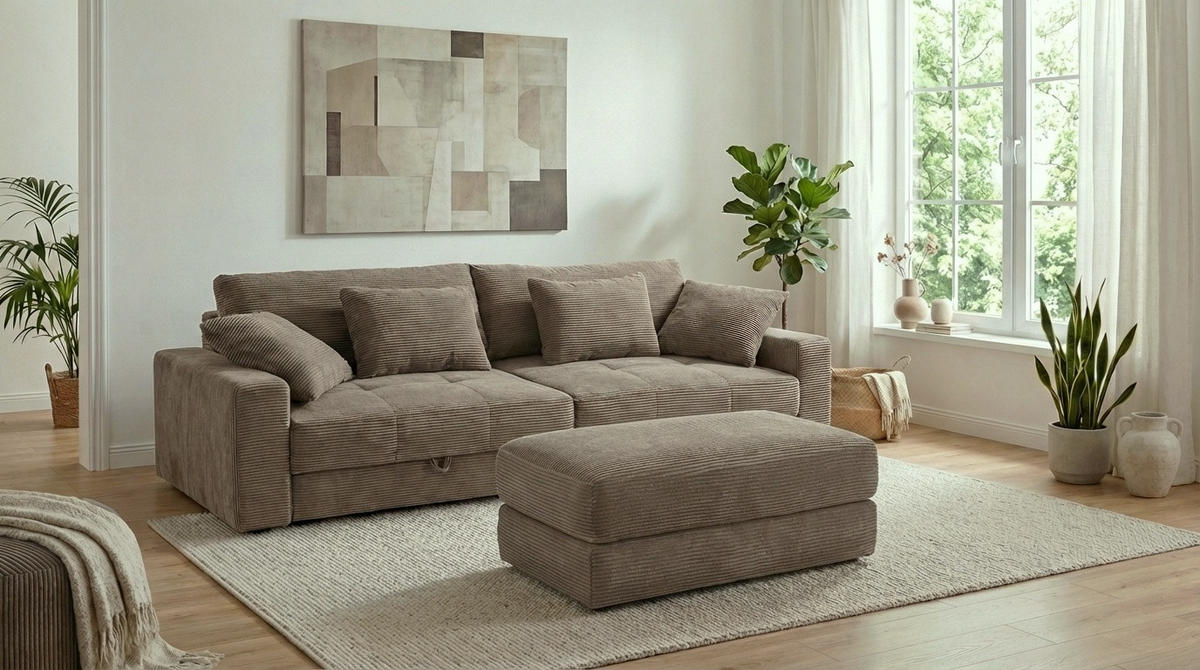BIG-SOFA mit 2 Bettkästen, viel Stauraum, B274/T113/H84 cm, Liegefläche 103x241 cm, Cord Braun Taupe / 15264 - Braun, Kunststoff/Textil (284/84/113cm) - luma-home