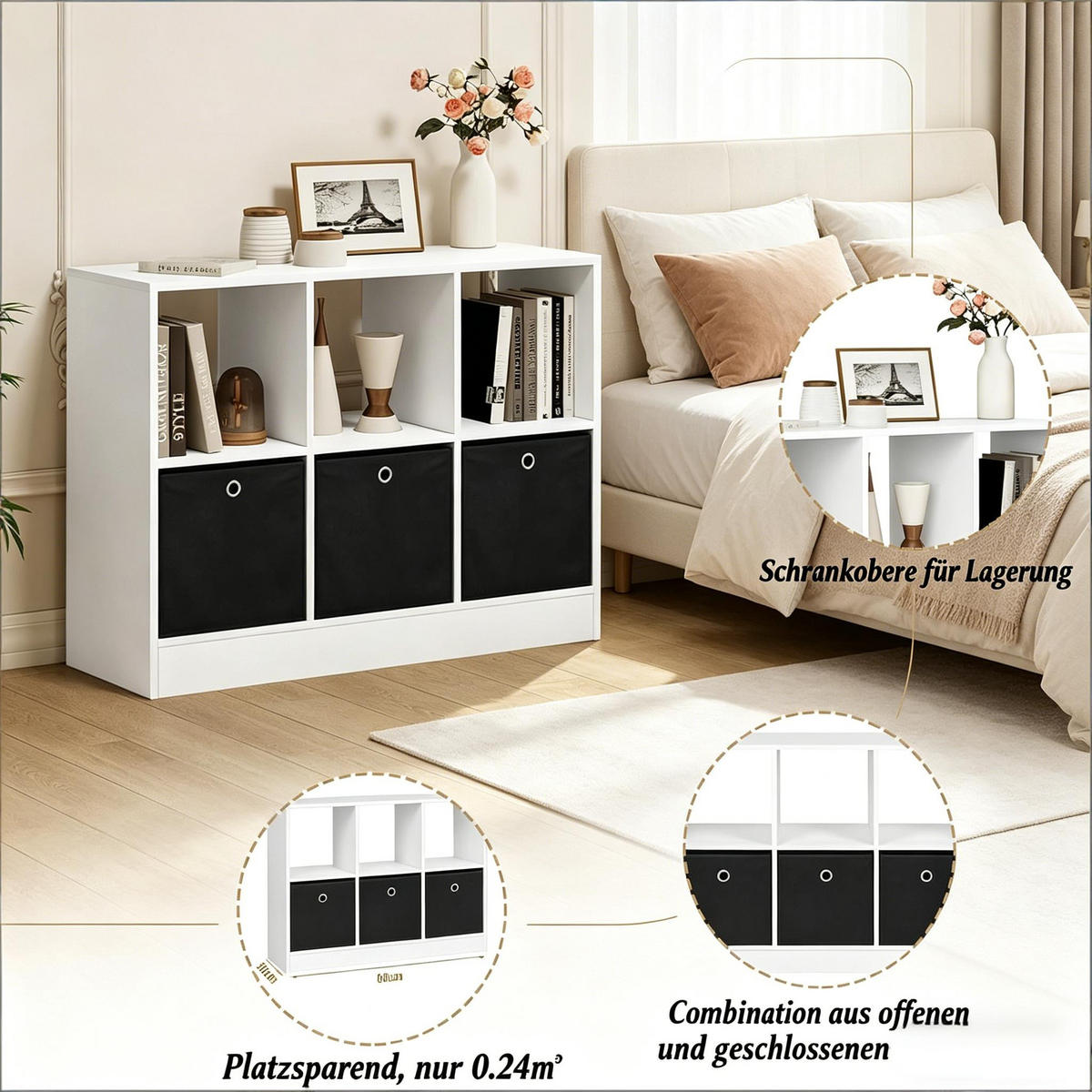 BÜCHERREGAL Weiß/Schwarz mit 3 Stoffschubladen 80/30/61 cm - Schwarz, Holzwerkstoff (80/61/30cm) - PANGIVO