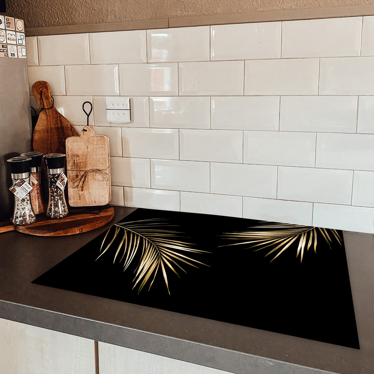 HERDABDECKPLATTE Blätter - Pflanzen - Gold - Schwarz - Luxus Induktionsmatte 71x52 cm - Goldfarben, Kunststoff (71/52/0.2cm) - MuchoWow