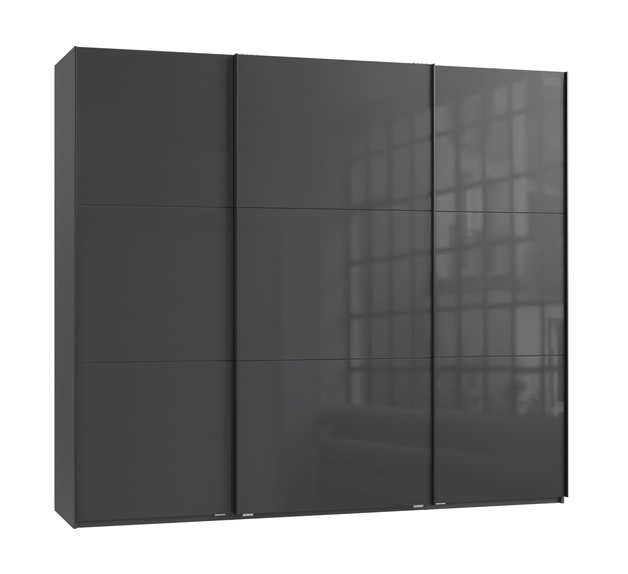 luma-home SKŘÍŇ S POSUVNÝMI DVEŘMI, 3dveřová, 250 × 216 × 65 cm (Š×V×H), v antracitové barvě se skleněnými čely, včetně kompletního vybavení / 22032