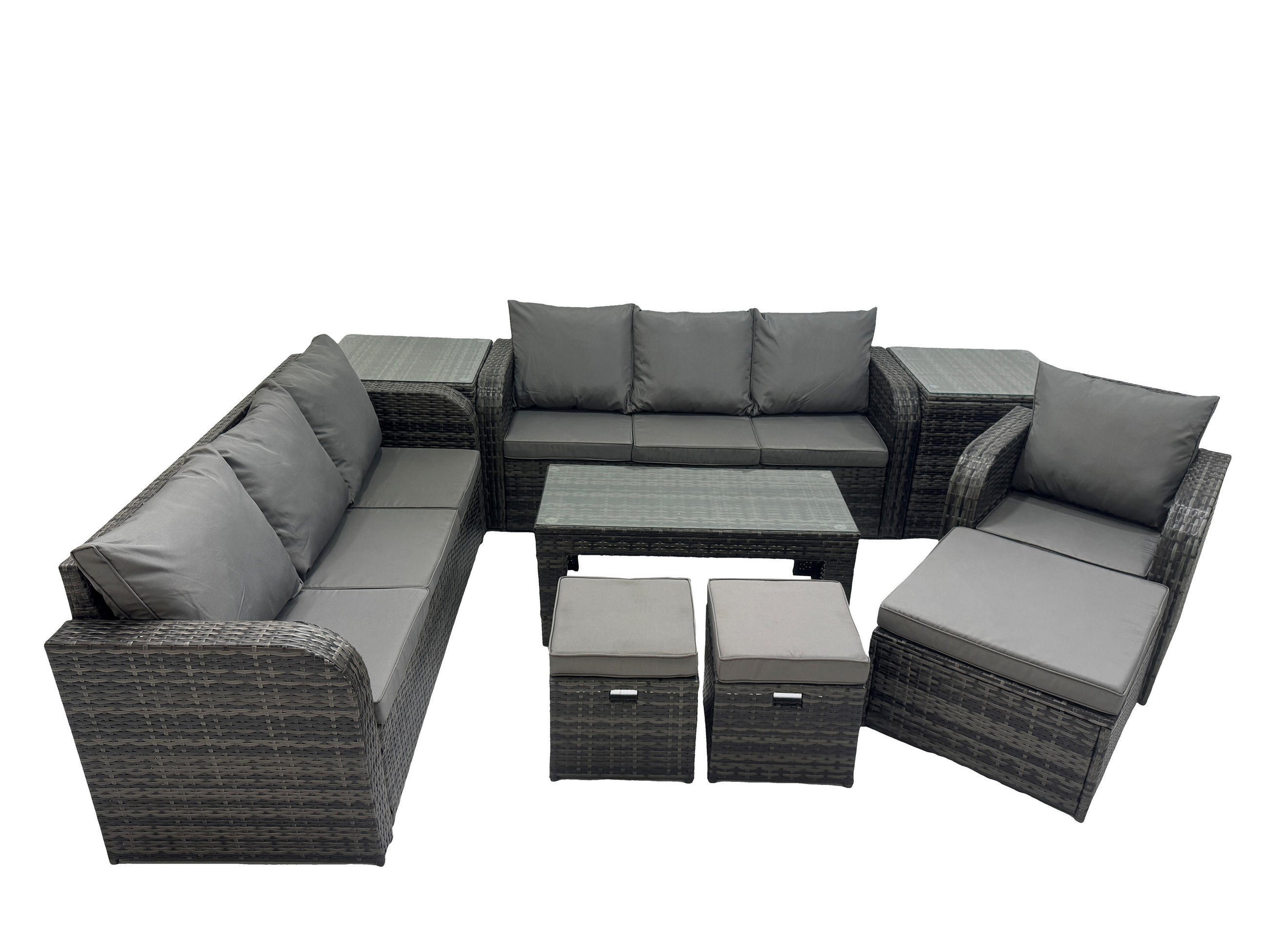 GARTENSOFA SET mit rechteckigem COUCHTISCH Polyrattan 10-Sitzer Dunkelgrau - Dunkelgrau/Grau, Glas/Kunststoff - Fimous