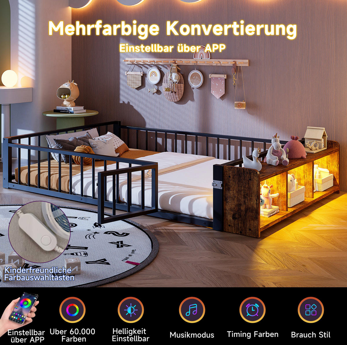 KINDERBETT 140/200 cm schwarz aus Metall und MDF mit Stauraum und LED - Schwarz, Holzwerkstoff (140/200cm) - OKWISH