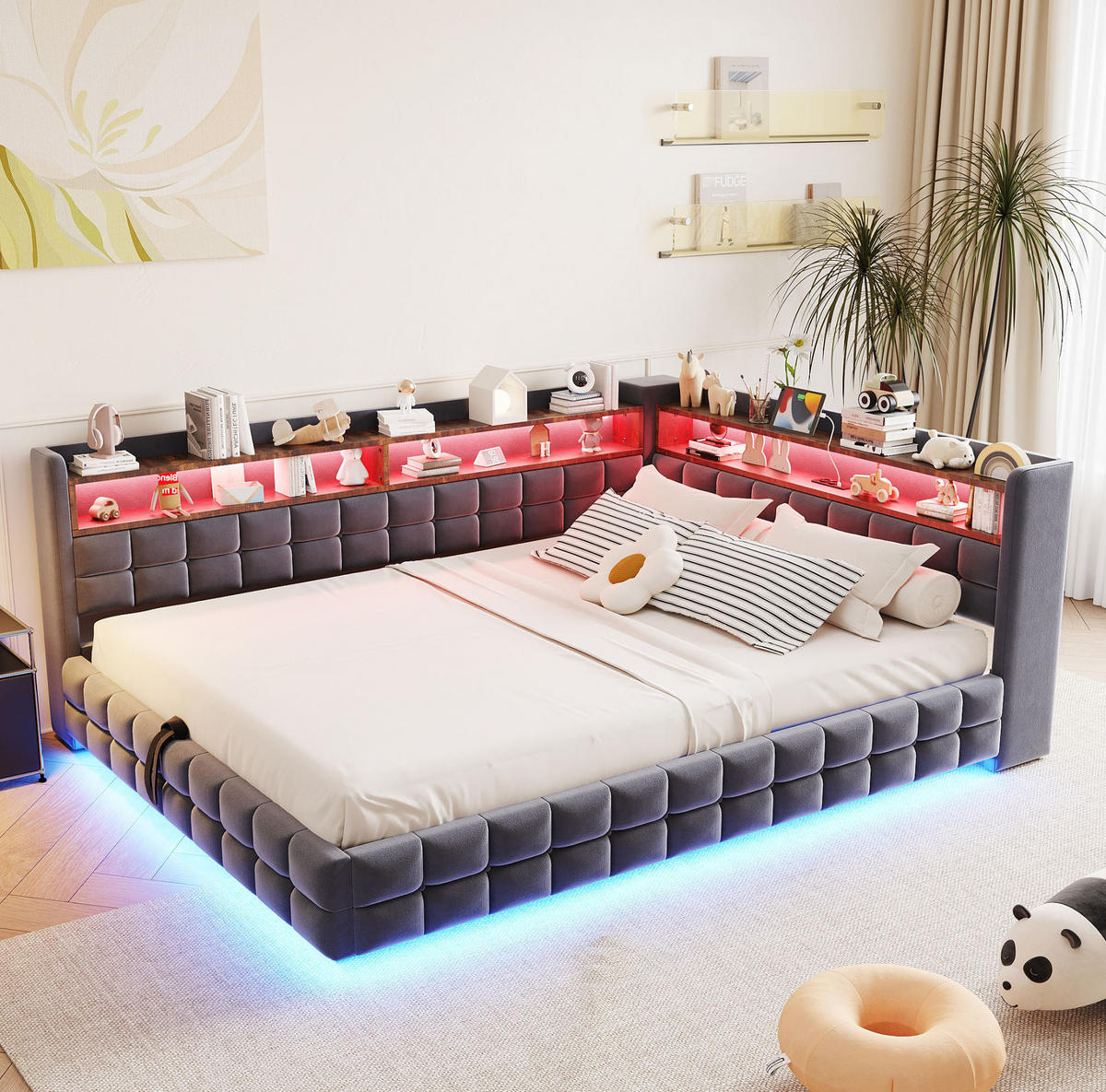 SAMETOVÁ postel 140/200 cm s LED osvětlením, USB, USB-C, zásuvkou, hydraulickým úložným prostorem a policemi, šedá - šedá, textil (140/200cm) - Redom
