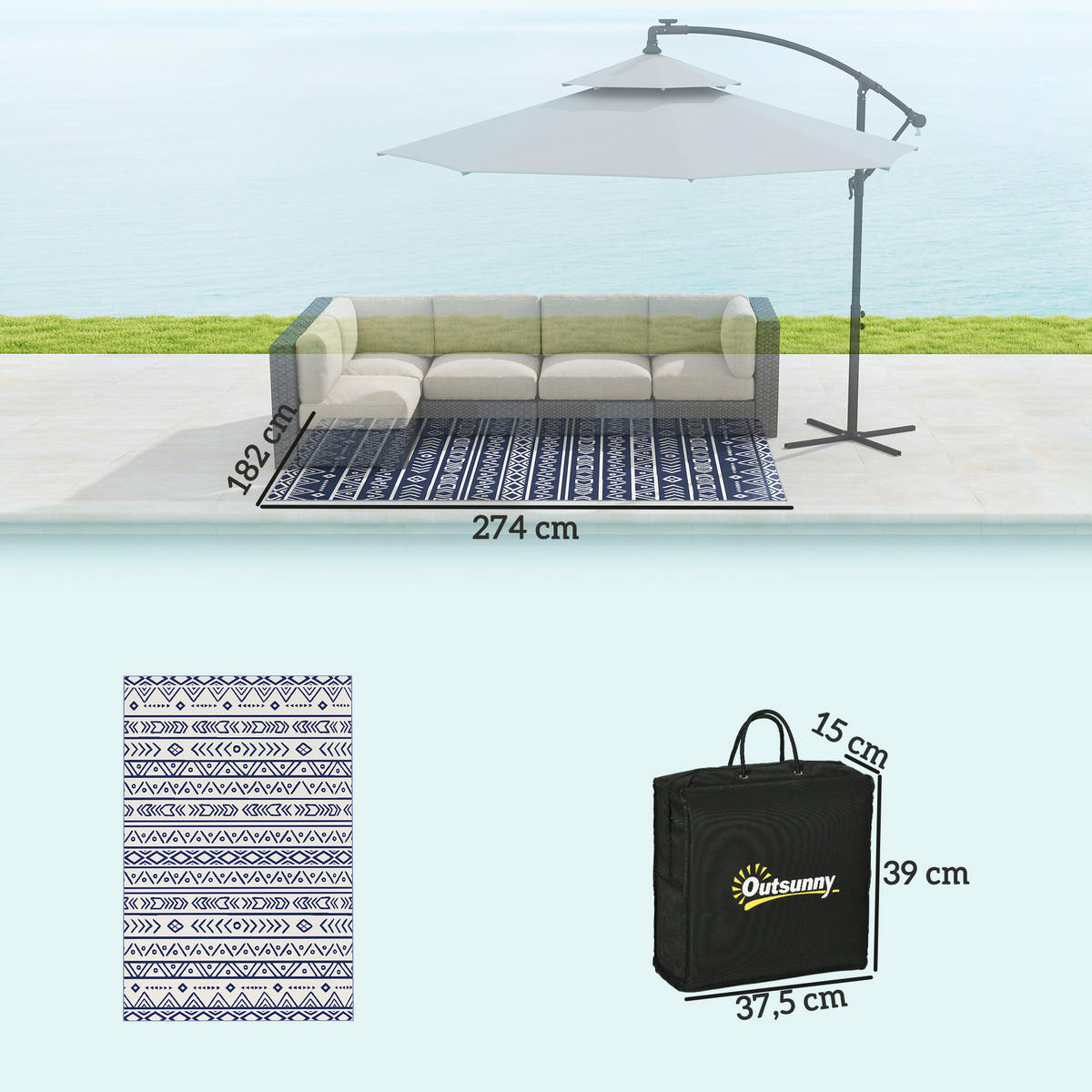 OUTDOOR-TEPPICH robuster Wetterfest Outdoorteppich - Blau, Kunststoff (274/182cm) - Outsunny