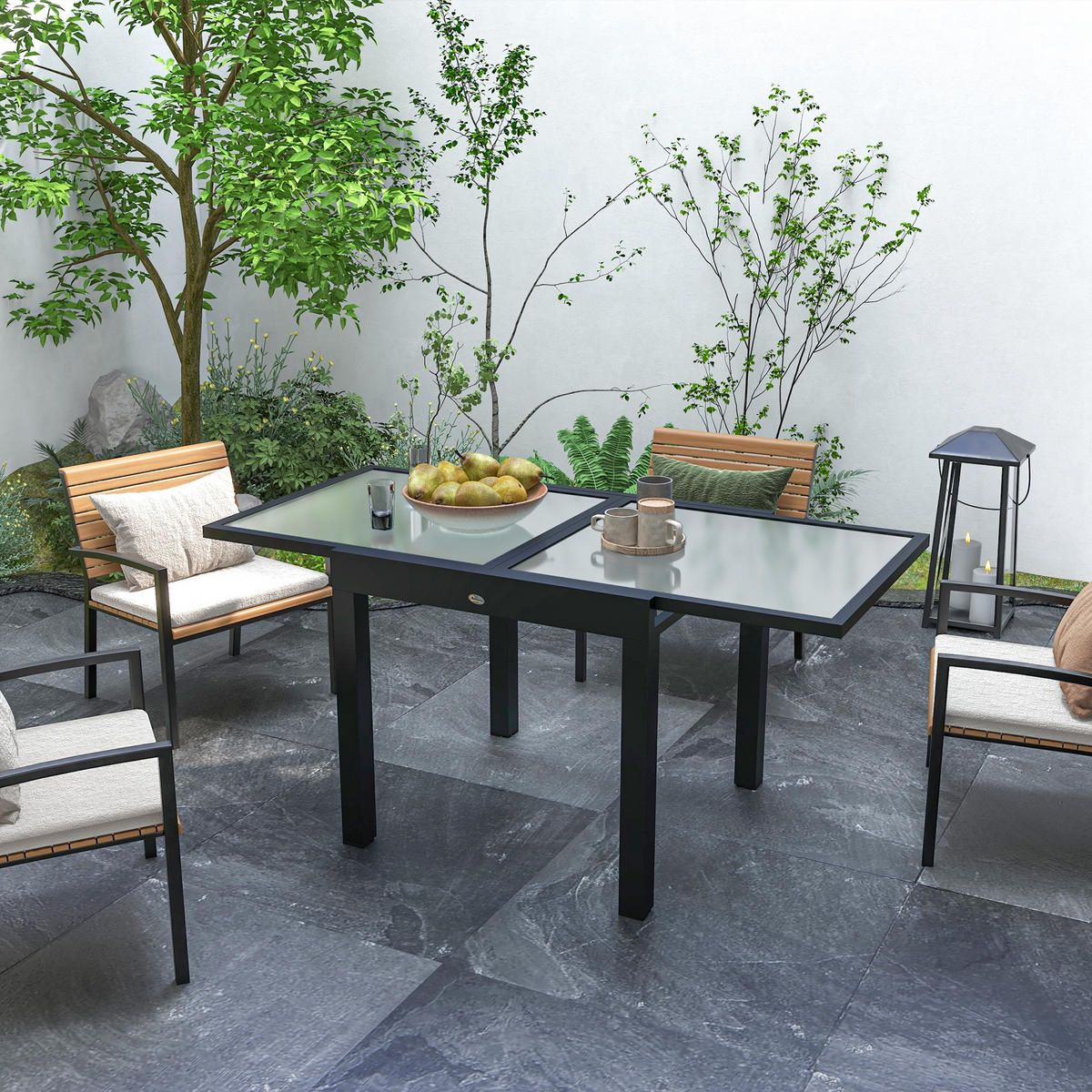 GARTENTISCH DE-07253 wetterbeständig mit Glasplatte Schwarz - Transparent, Glas/Metall (160/80/75cm) - ComfortXL