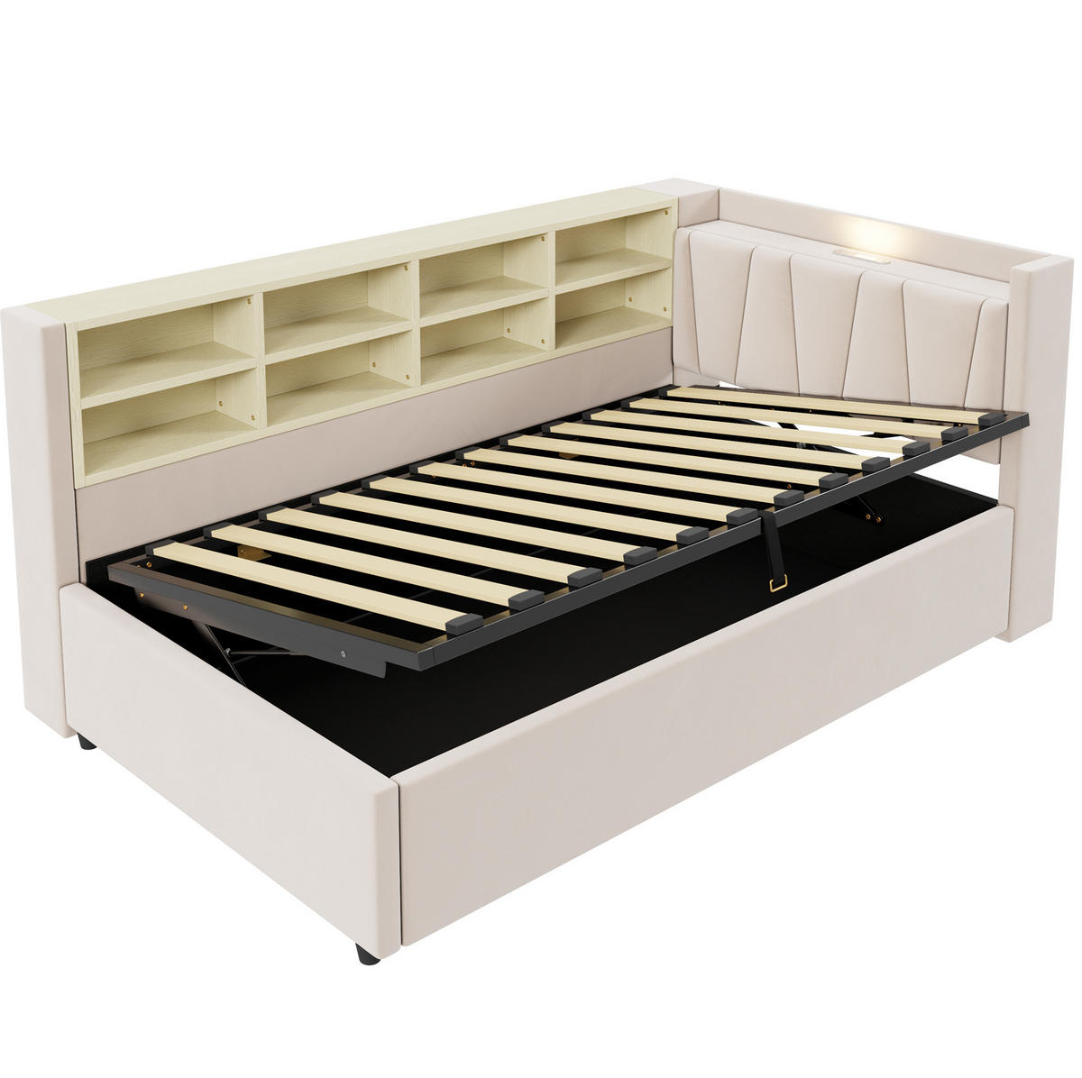 SCHLAFSOFA aus Samt 90x200 cm Beige mit hydraulischem Stauraum, Nachtlicht, USB- und Typ-C-Anschlüssen - Beige, Textil (90/200cm) - IVMEU