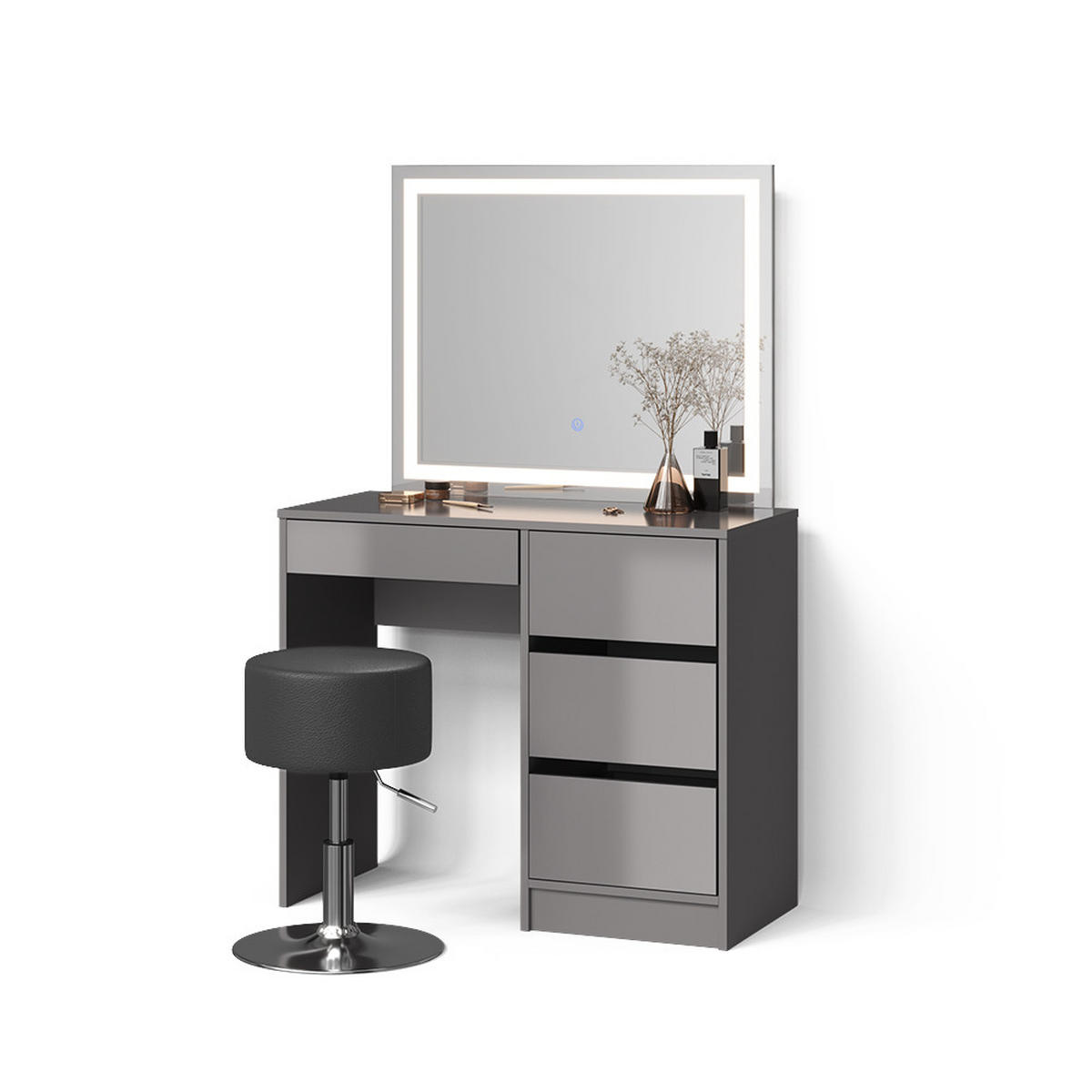SCHMINKTISCH Imola Grau mit LED Spiegel und Hocker - Grau, Holzwerkstoff (90/75/40cm) - Livinity®
