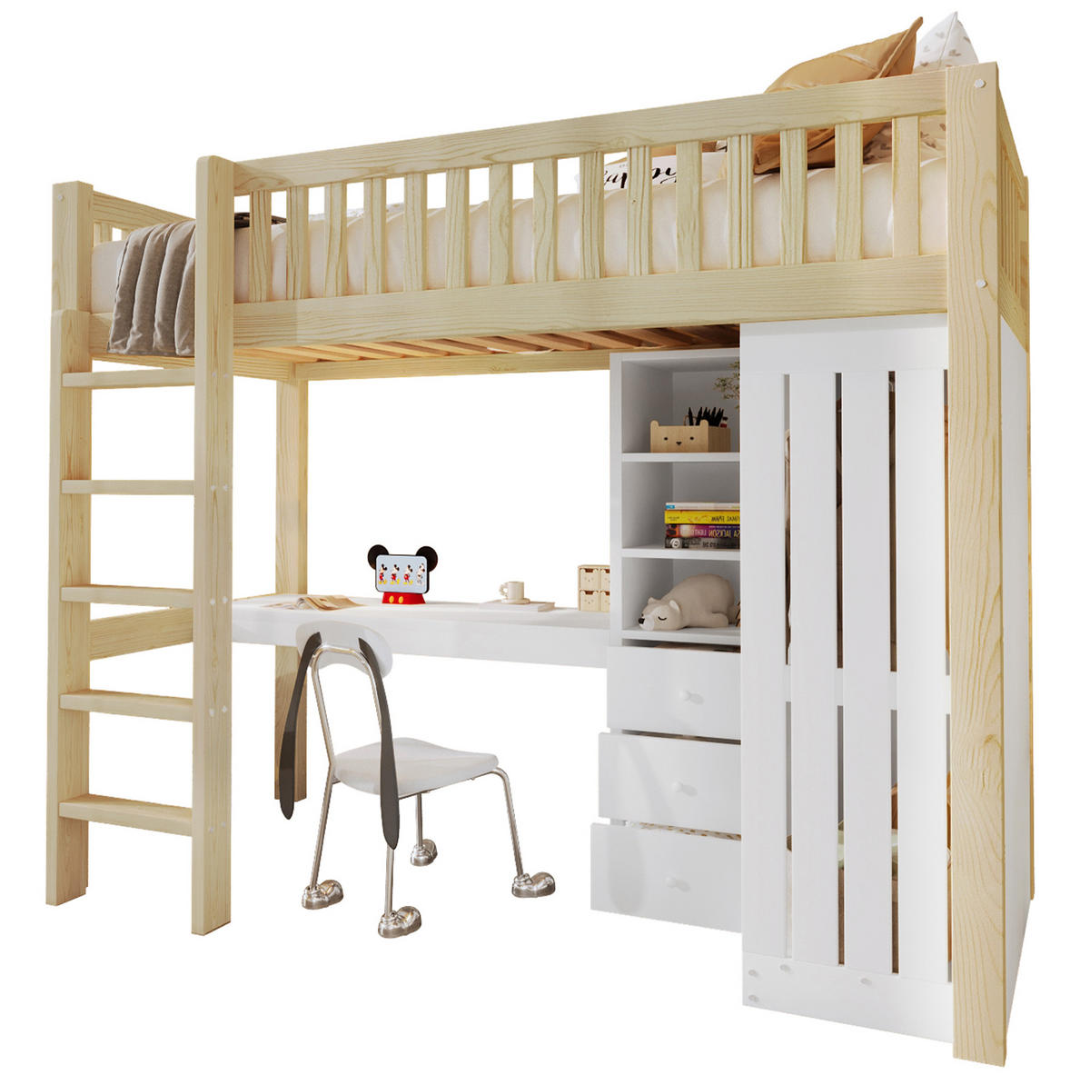 HOCHBETT mit Schreibtisch 90/200 cm in Natur – mit Stauraum, Treppe und Rausfallschutz - Naturfarben, Holz (90/200cm) - BEAOK