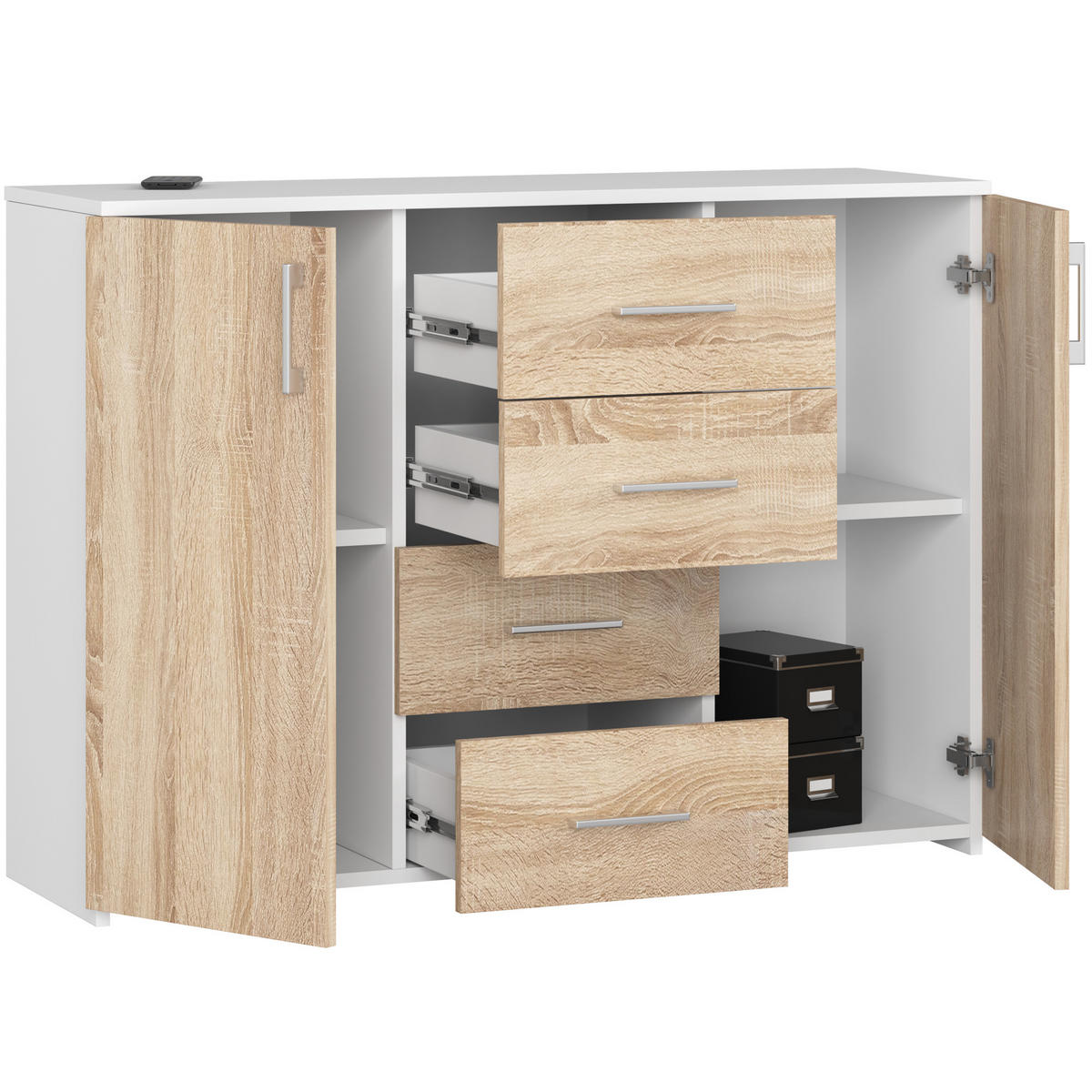 KOMMODE Weiß, Sonoma Eiche 110x35x80 cm - Silberfarben/Weiß, Holzwerkstoff/Kunststoff (110/80/35cm) - Akord