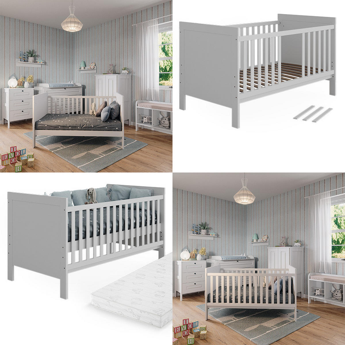 BABYBETT Ajaton Weiß 144.4 x 83 cm mit Matratze - Weiß, Holzwerkstoff (144.4/83/80.8cm) - VitaliSpa