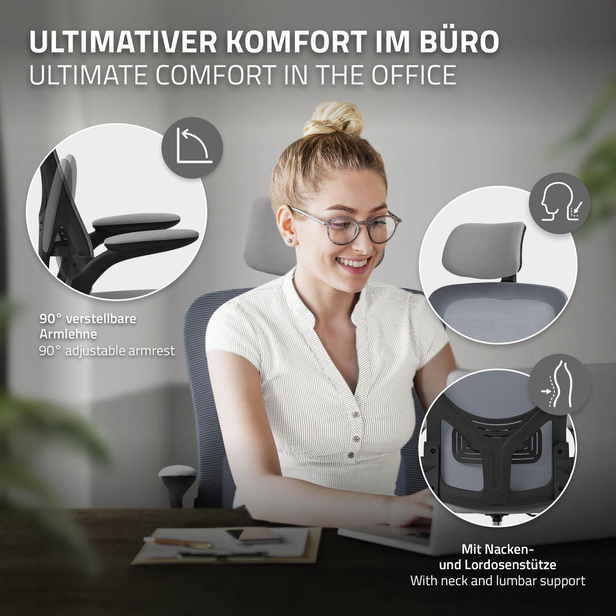 SCHREIBTISCHSTUHL Ergonomic grau - Grau, Kunststoff (60.5/121/60cm) - ML-DESIGN