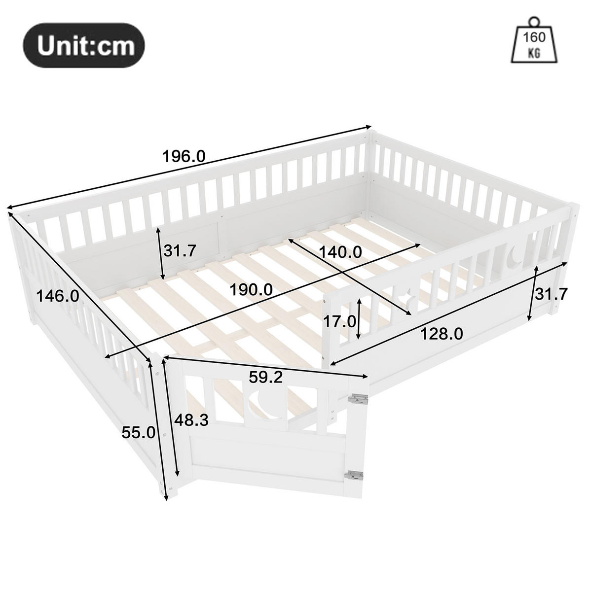 KINDERBETT 140/190 cm mit Sicherheitsgitter, Zauntür mit Schloss und Stern-Mond-Dekor, Kiefern , Weiß - Weiß, Holzwerkstoff (140/190cm) - Redom
