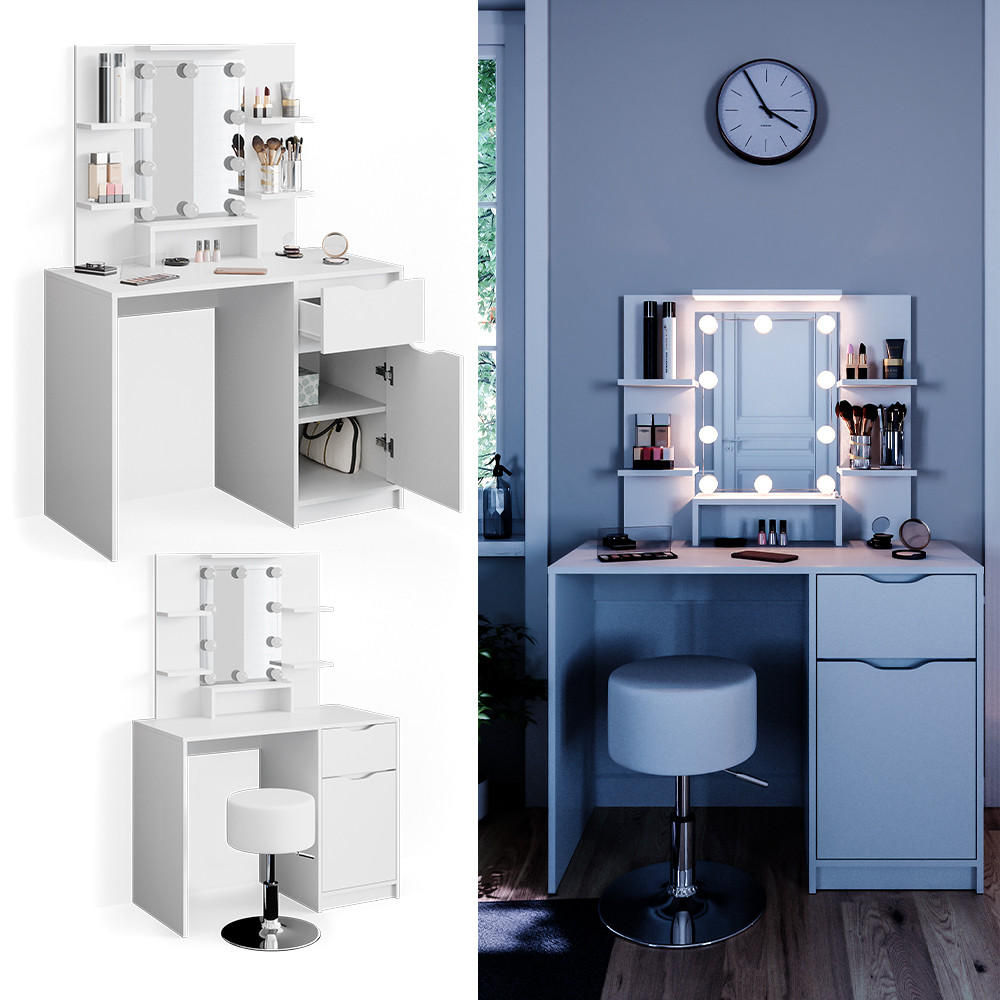SCHMINKTISCH Ruben Little Weiß 100 cm mit LED Beleuchtung und Hocker - Weiß, Holzwerkstoff (100/142/42cm) - Vicco
