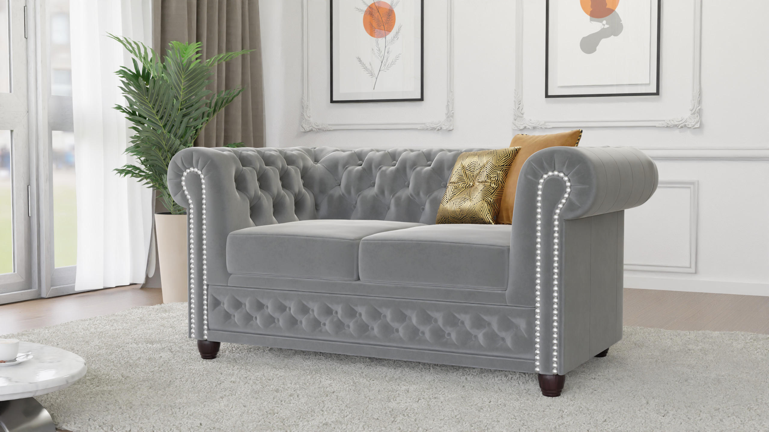 CHESTERFIELD-SOFA 2-Sitzer Nyx Grau Samt - Braun/Grau, Holz/Textil (148/72/86cm) - S-Style Möbel