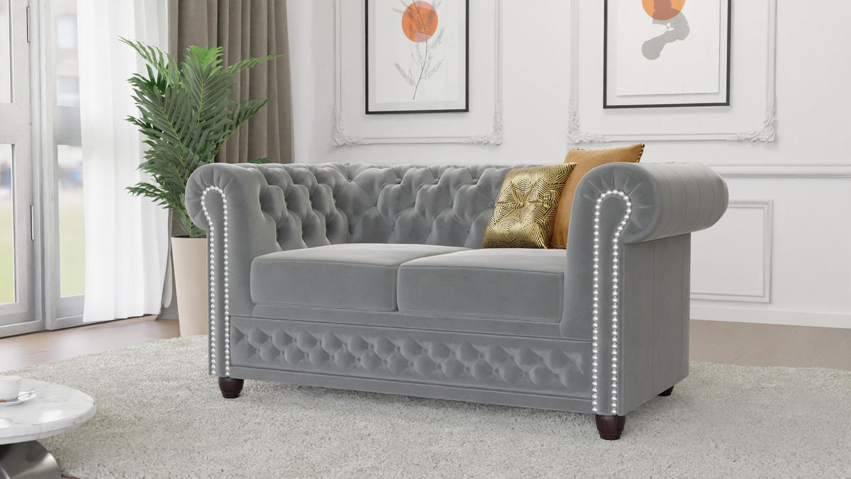 SStyle Möbel CHESTERFIELDSOFA 2Sitzer Nyx Grau Samt jetzt nur online