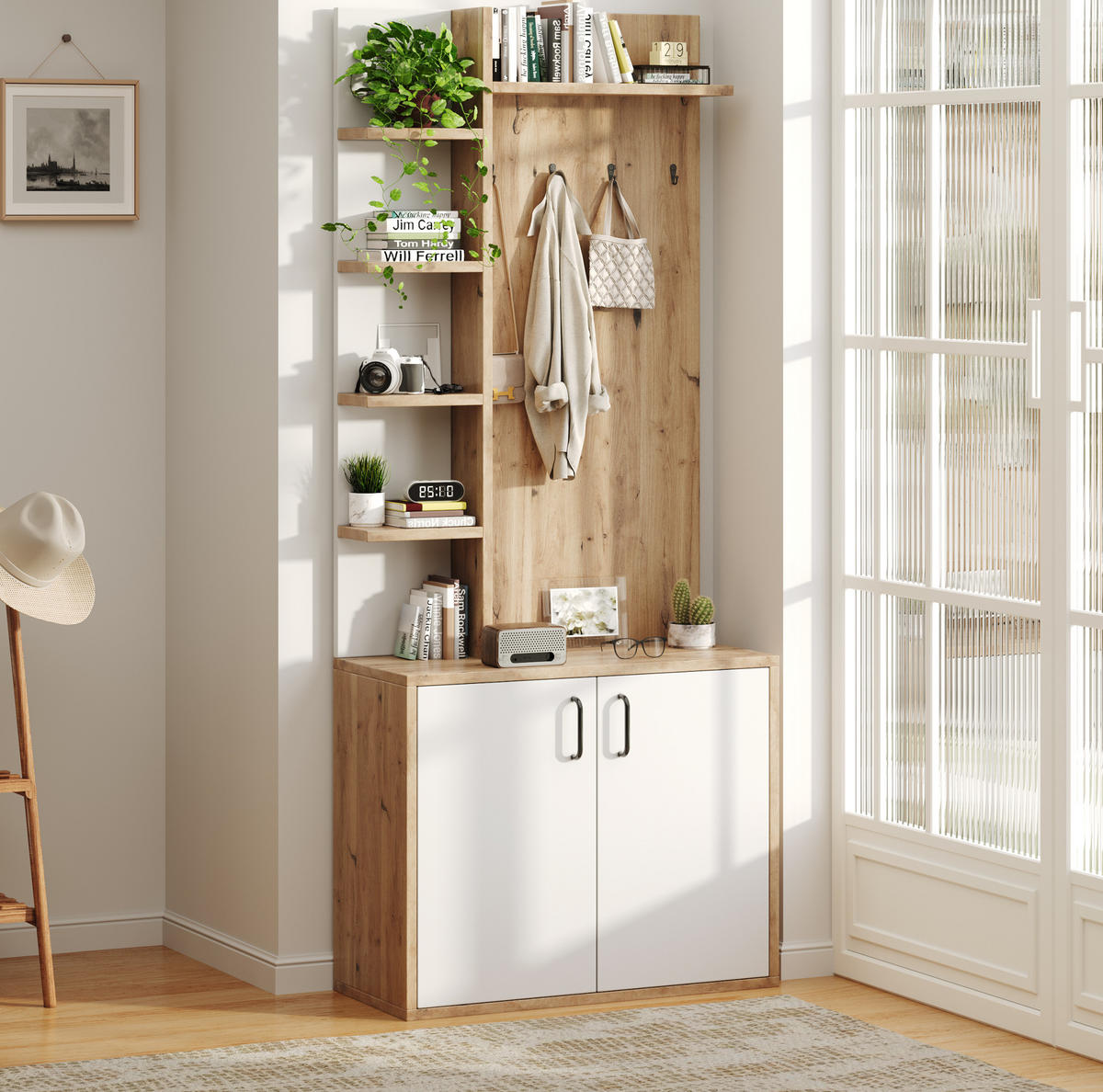 FLURGARDEROBE 75/33/180 cm mit Schuhablage und Schrank in Natur/Weiß - Naturfarben, Holzwerkstoff (75/180/33cm) - BEAOK
