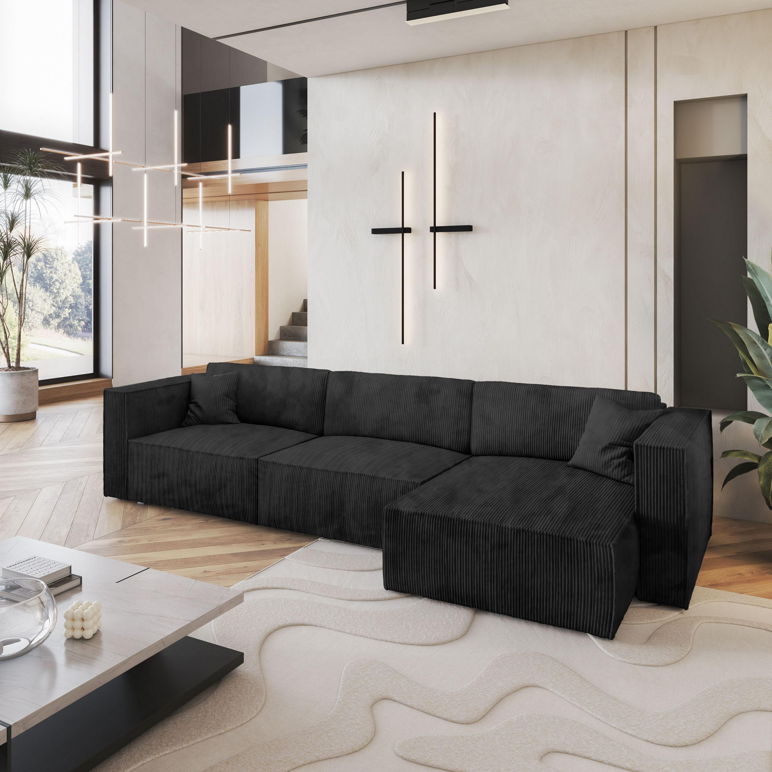 ECKSOFA TOLMO P Schwarz Kordstoff mit Schlaffunktion - Schwarz, Holz (347/148cm) - MASSENO